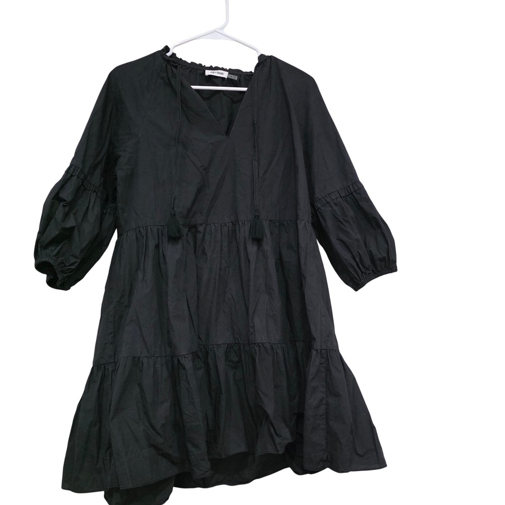 Day + Moon Black Tiered Mini Dress Puff Sleeve Tassel V-Neck Babydoll Medium